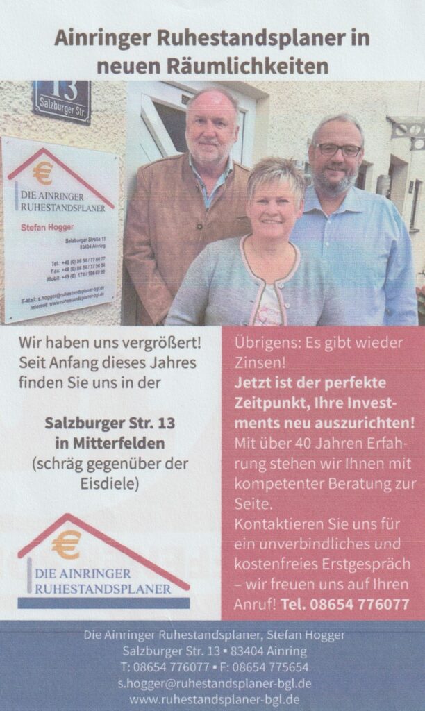 Die Ruhestandsplaner BGL ziehen in neue Räumlichkeiten in de Salzburger Straße 13 in Ainring